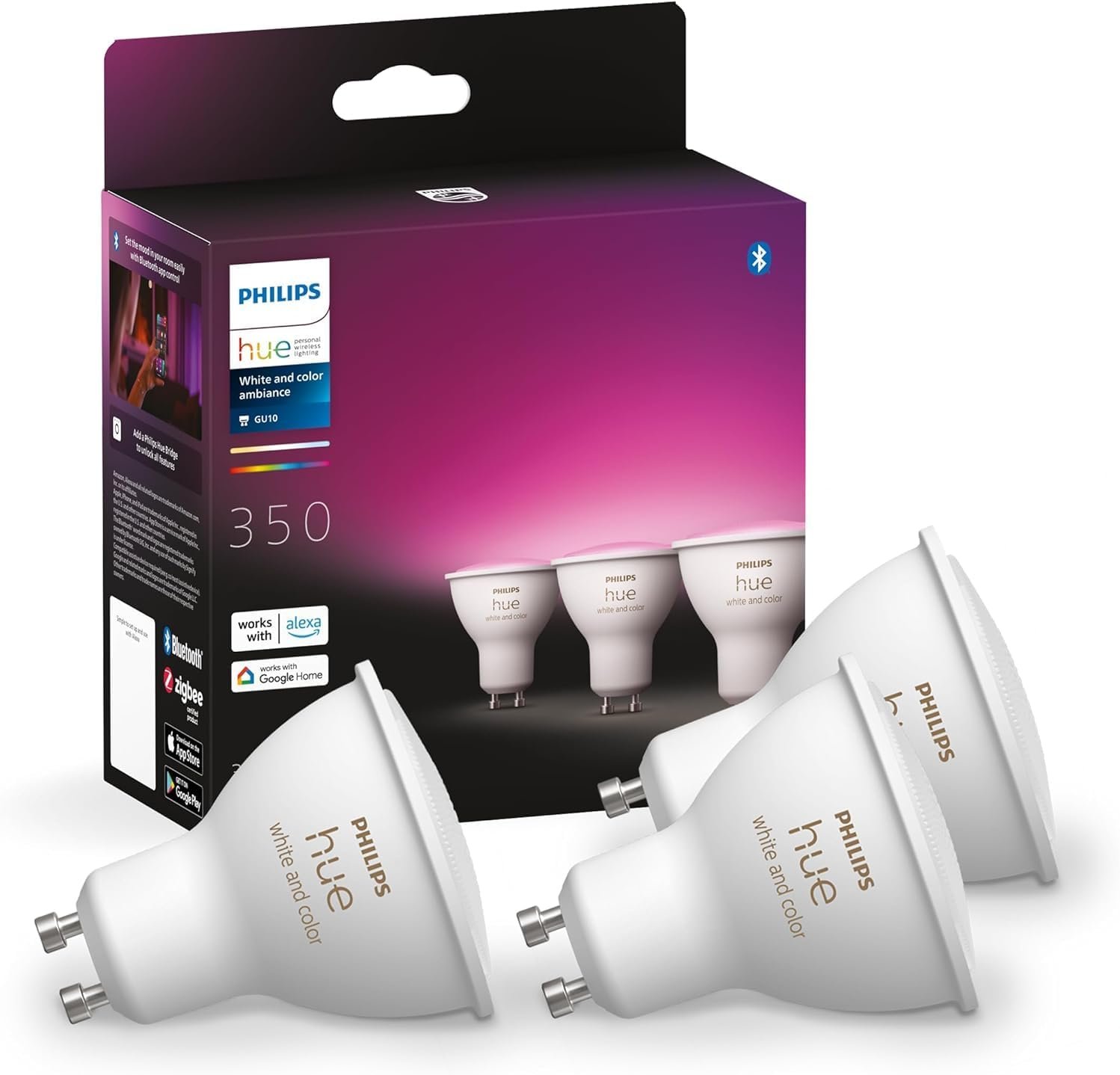 Philips Hue White & Colour Ambiance Smart Spotlight 3-Pack - 350 Lumens LED GU10 | Voice Control with Alexa, Google Assistant & Apple HomeKit